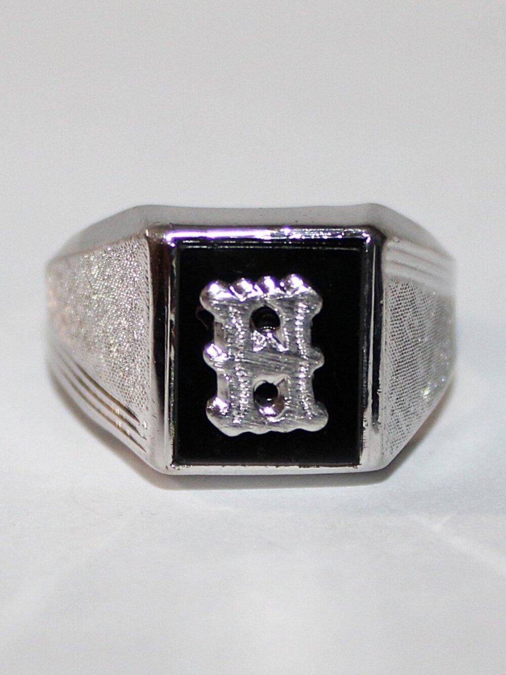 Sterling Silver Onyx Initial H Ring